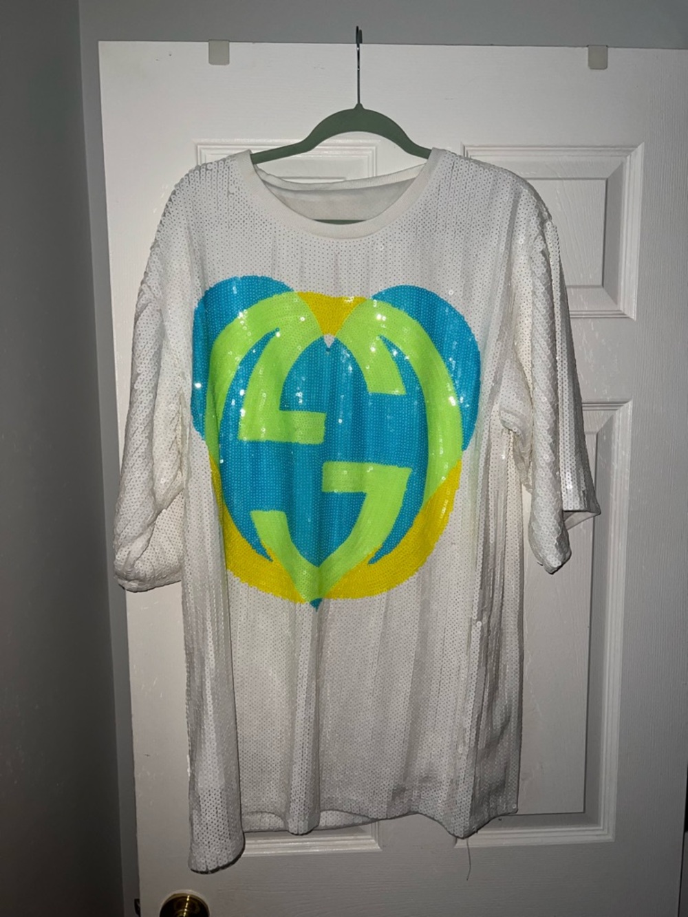 White Sequin Tee with Blue, Yellow & Lime Heart Logo